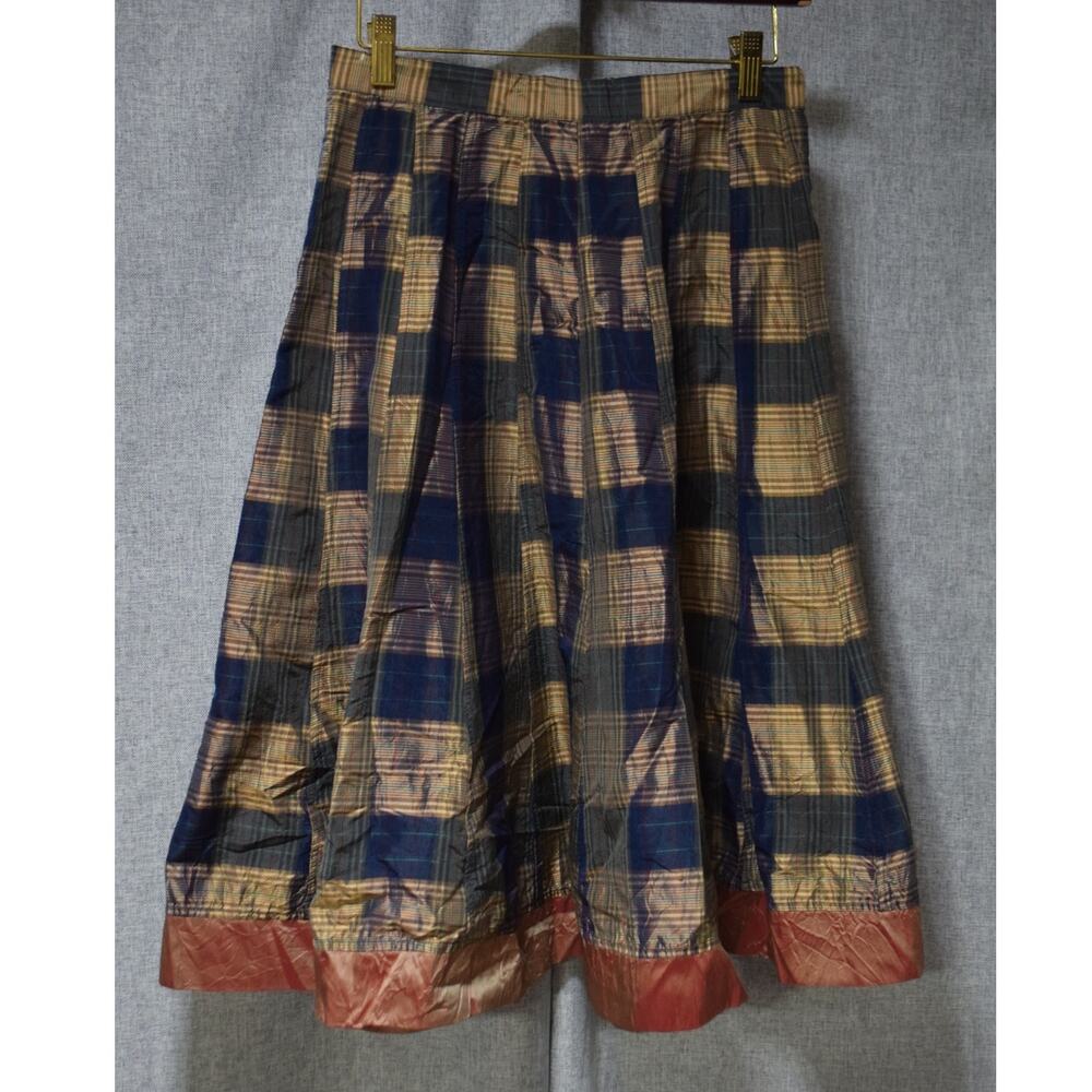 Jigsaw 100% Silk Plaid Midi Skirt – Blue and Bronze – Size 8